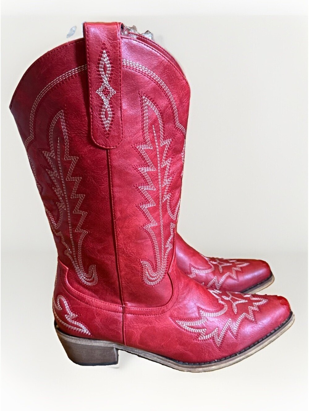 Red With White Stitch Embroidered Cowgirl Mid Calf Boots Country Western 9.5